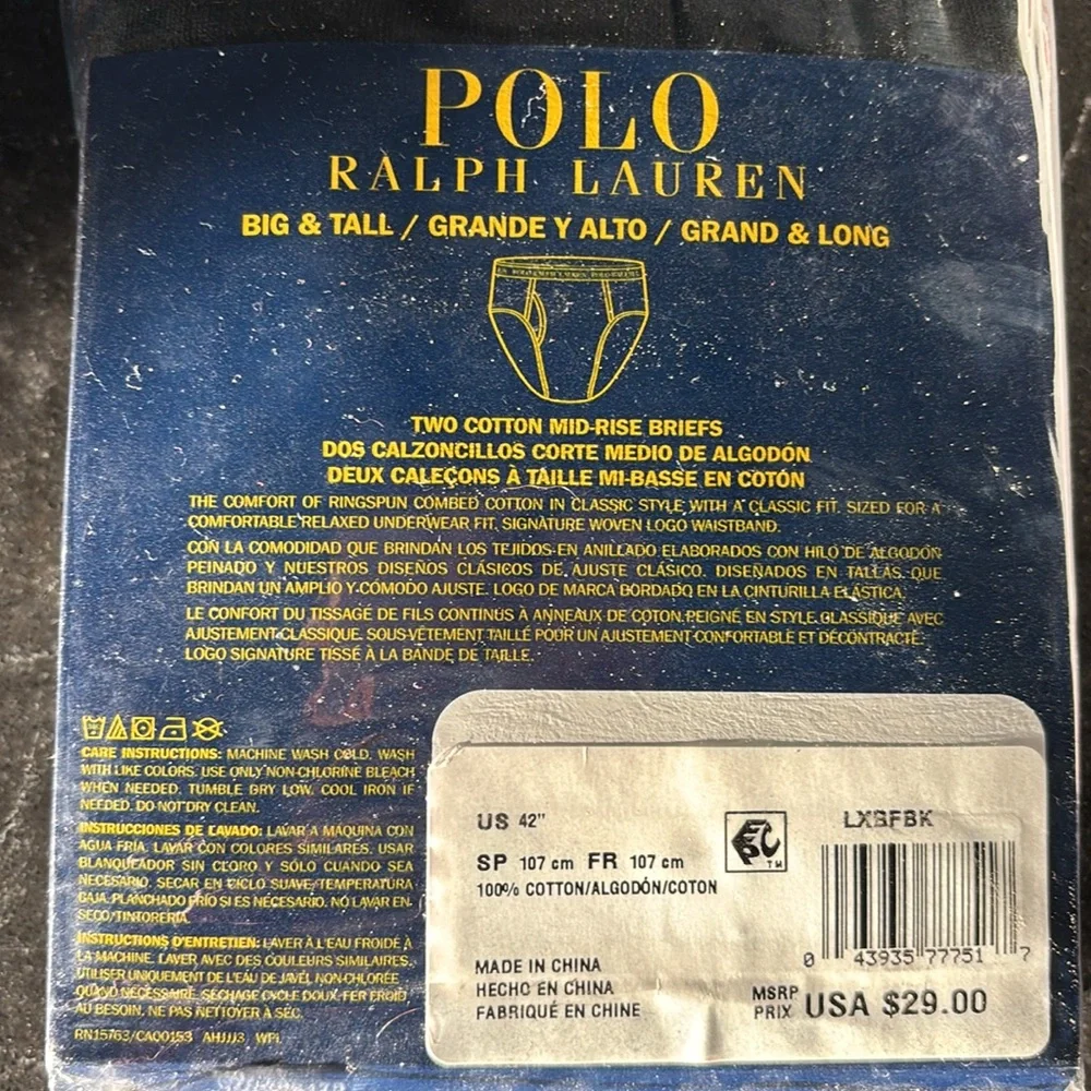 NWT Polo Ralph Lauren Men’s Big & Tall 2 Pack Cotton Mid Rise Briefs 42
